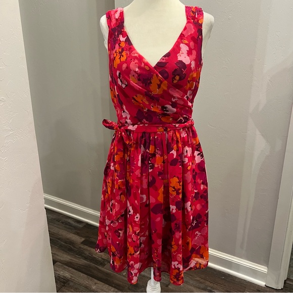 Express Dresses & Skirts - Express Pink Red Floral Faux Wrap Sheath Belted Dress Sz 0  Zipper (A0126)